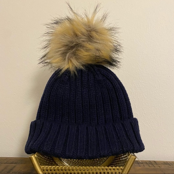 J. Crew Ribbed beanie with faux-fur pom-pom in navy, NWT